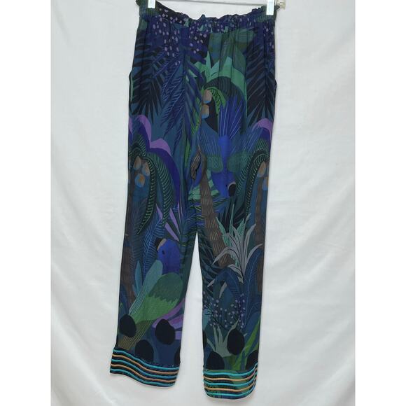 Farm for Anthropologie Women's Small Green/Blue Peacock Print Jungle Boho Pants - Picture 2 of 11